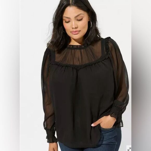 Torrid Black Sheer Crinkle Chiffon Ruffle Blouson Sleeve Blouse - Picture 1 of 10